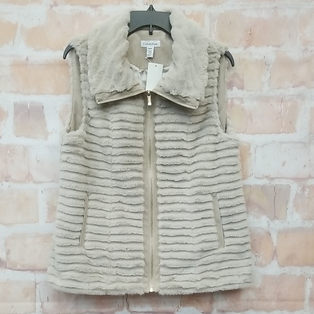 Calvin Klein Women's Plush Faux Fur Vest - Beige